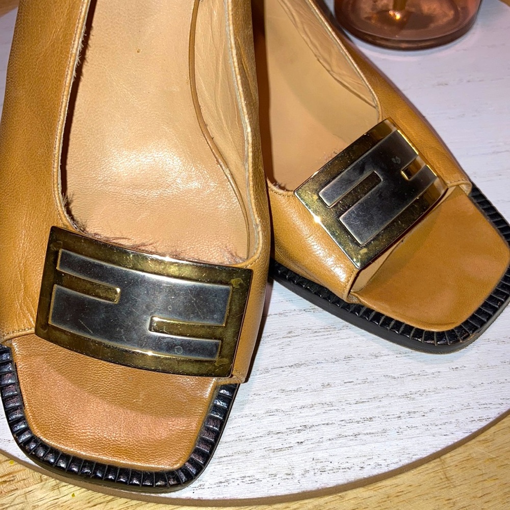 FENDI FF logo slingback sandals, open toe pumps with block heel. Size 38 - Picture 3 of 8